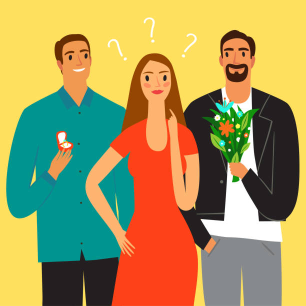 Woman thinking of man for relationship Cartoon woman and two men beside her. Good guy and bad guy. Love and relationship issues. Characters illustrations for your design. polygamy stock illustrations