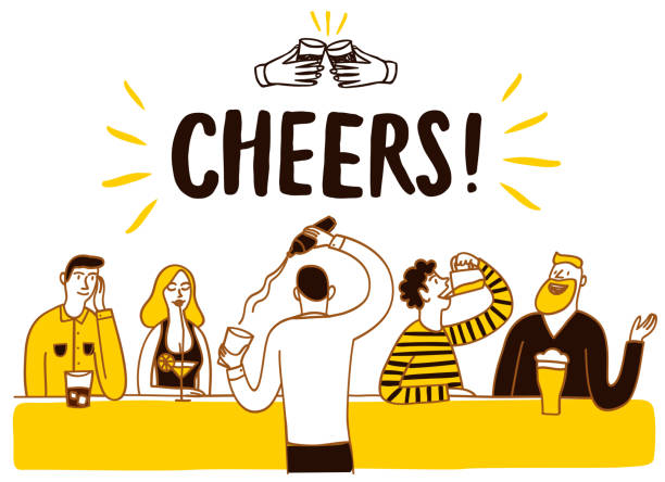 People drinking at the bar illustration People drinking at the bar. Cheers title.  Cartoon vector illustration for your design. bartender illustrations stock illustrations