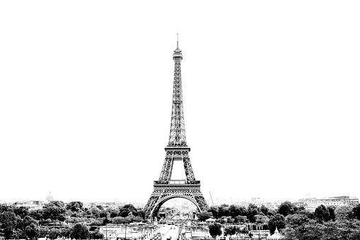 Black and white photo of Paris panorama with a view of the Eiffel Tower in France. Isolated on white background.