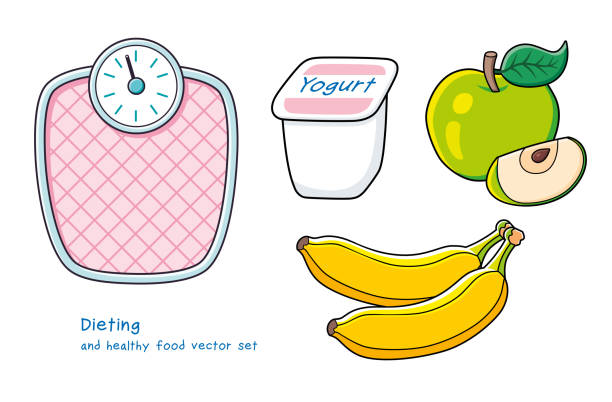 ilustrações, clipart, desenhos animados e ícones de escala do peso, copo do yogurt, fruta da maçã com fatia, bananas. - weight scale apple comparison balance