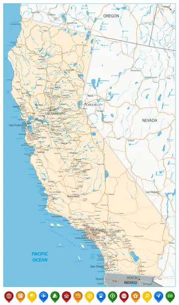 Vector illustration of Map of California State and Colored Map Icons