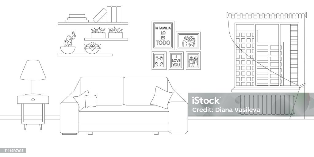 Vector Line Design of Interior of Living Room Vector Line Illustration of Interior of Living Room with Furniture. Whire and Black Outline Sketch of Home Related. Phrase in Spanish in Illustration means that family is everything Apartment stock vector