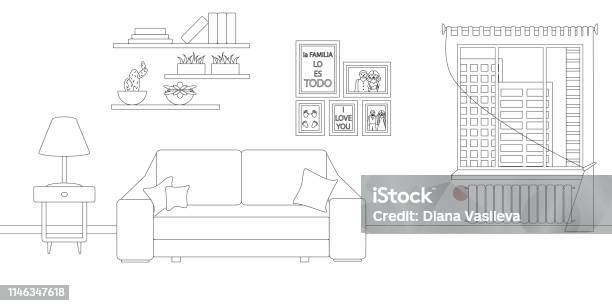 Vector Line Design Of Interior Of Living Room Stock Illustration - Download Image Now - Apartment, Architecture, Argentina