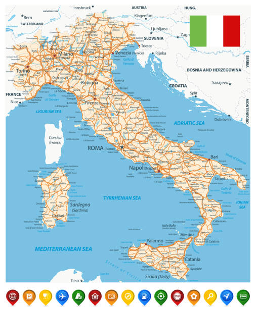 illustrazioni stock, clip art, cartoni animati e icone di tendenza di mappa stradale italia e puntatori a mappe colorate - italy map sicily cartography