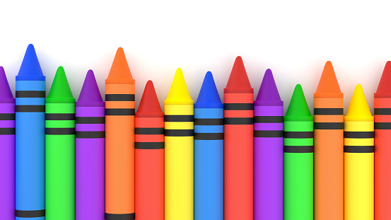 Row of crayons isolated on white background 3D illustration