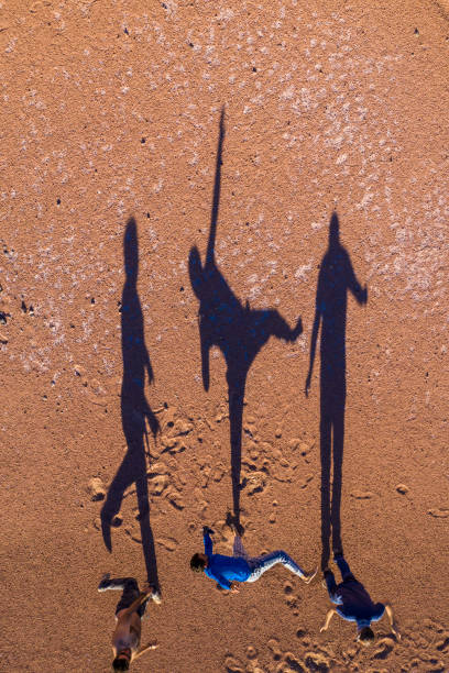 istock Aerial overhead view a stop in the desert while playing with shadows in our campsite during sunrise and taking energy for an amazing adventure at the driest desert in the world, Atacama Desert. An awe arid climate scenery 1146353955