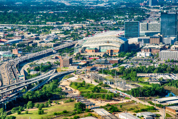 Minute Made Park Houston, United States - April 10, 2019:  Aerial view of Minute Made Park in downtown Houston, Texas; the home field of Major League Baseball's Houston Astros. american league baseball stock pictures, royalty-free photos & images