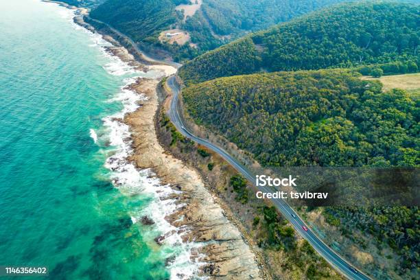 Cars Driving On Great Ocean Road Victoria Australia Aerial View Stock Photo - Download Image Now