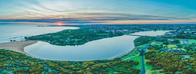Scenic panorama of Hopkins River and ocean coastline in Warrnambool, Australia
