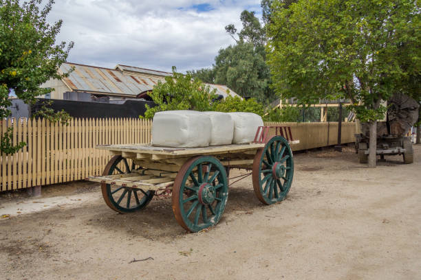 Old fashioned transport of wool on wooden wagon, Echuca, Victoria, Australia