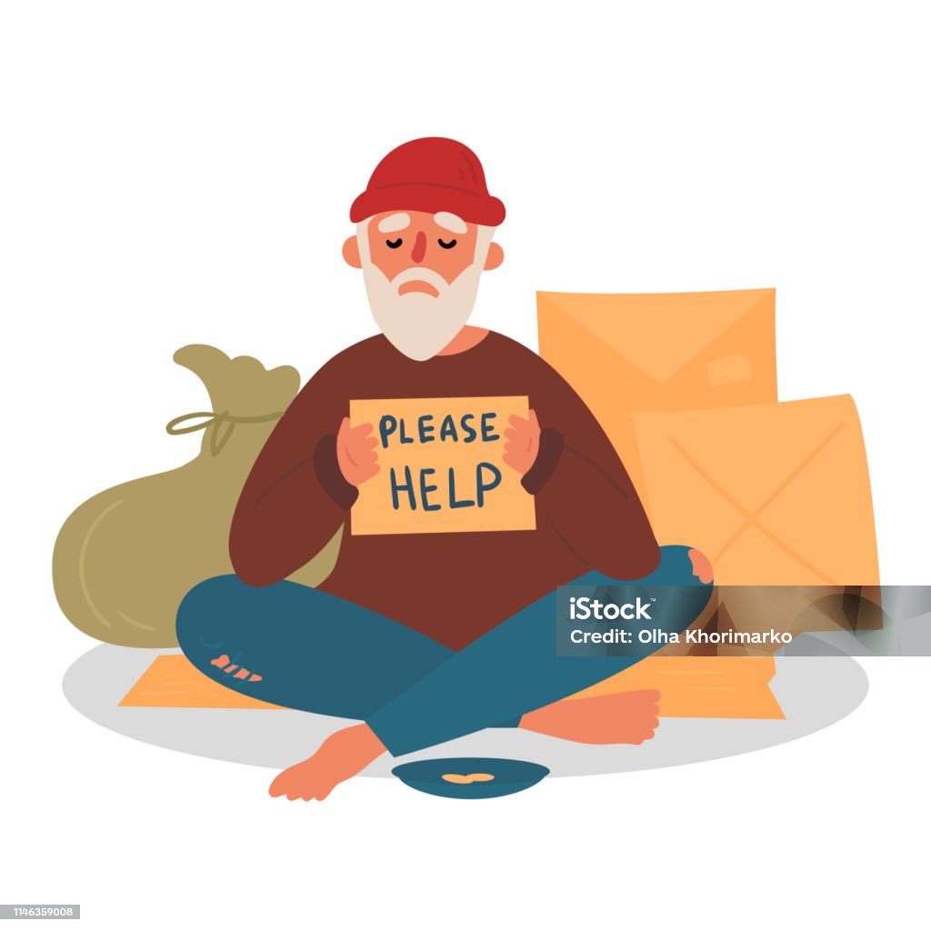 Old Homeless Beggar Is Asking For Help In The City Stock Illustration -  Download Image Now - Homeless Person, Sign, Homelessness - iStock
