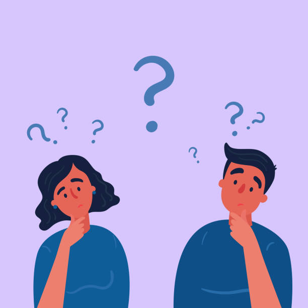 Couple of man and woman having a question marks Couple of man and woman having a question. Male and female characters standing in thoughtful pose holding chin and question marks above their head. Quarrel, doubts or interest in relationship. Vector two people thinking stock illustrations