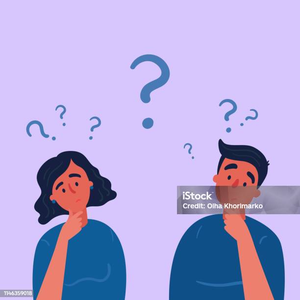 Couple Of Man And Woman Having A Question Marks Stock Illustration - Download Image Now - Contemplation, Question Mark, People