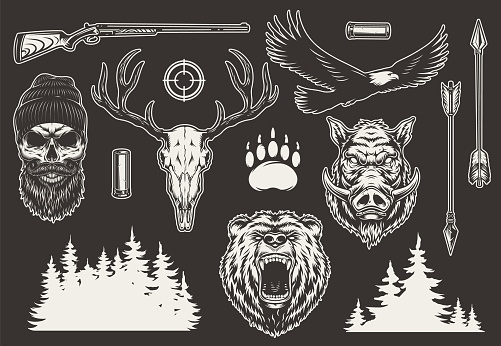 Vintage hunting elements collection with bear and boar heads shotgun shell arrows eagle animal footprint gun sight trees silhouette hunter and deer skulls isolated vector illustration