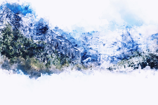 Abstract mountains landscape on white background, digital watercolor painting