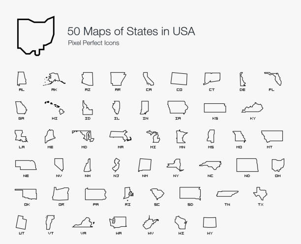 모든 50 미국 국가 지도 픽셀 완벽 한 아이콘 (선 스타일). - florida stock illustrations