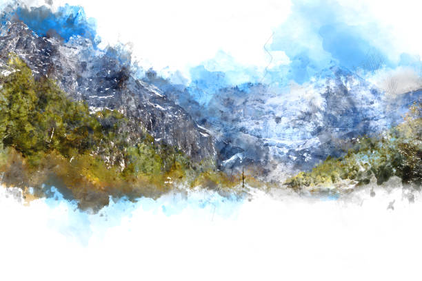 istock Abstract mountains landscape on white background, digital watercolor painting 1146367677