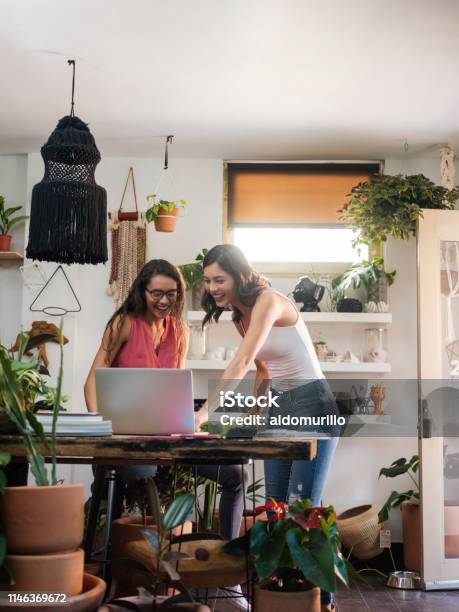 Two Young Women Looking At Laptop Computer In Workplace Stock Photo - Download Image Now