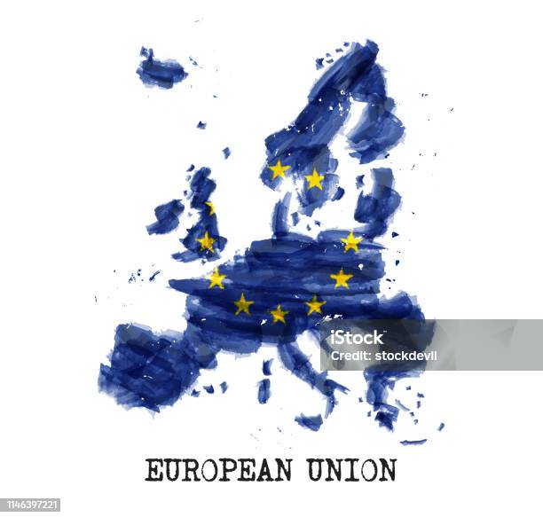 European Union Flag Watercolor Painting Design Country Map Shape Vector Stock Illustration - Download Image Now