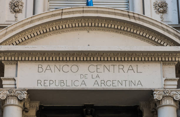 Building of the Central Bank of Argentina (BCRA) in Buenos Aires on a sunny day against blue sky with white clouds stock photo
