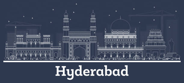 illustrazioni stock, clip art, cartoni animati e icone di tendenza di delinea lo skyline di hyderabad india city con edifici bianchi. - hyderabad