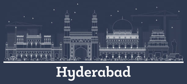 ilustrações, clipart, desenhos animados e ícones de skyline da cidade de hyderabad india do esboço com edifícios brancos. - hyderabad