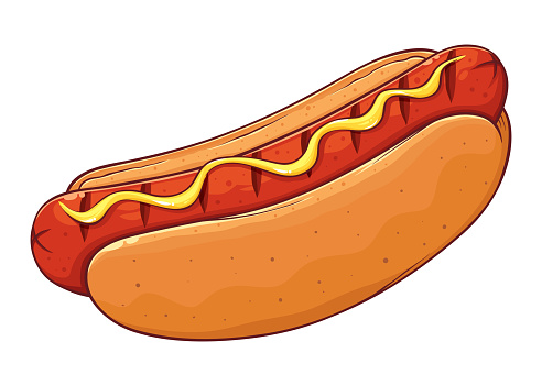 Delicious classic american hot dog with mustard, hand drawn vector illustration isolated on white background