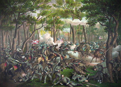 Vintage illustration featuring the Battle of the Wilderness, the first battle of Lieutenant General Ulysses S. Grant's 1864 Virginia Overland Campaign against General Robert E. Lee and the Confederate Army of Northern Virginia in the American Civil War. The battle was fought May 5-7, 1864.