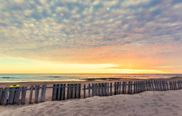 istock Fence on sand beach at sunset in Chipiona 1146408444
