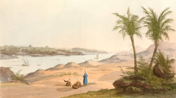 View of the Egyptian Pyramids Vintage illustration showing a view of the Pyramids. nile river stock illustrations