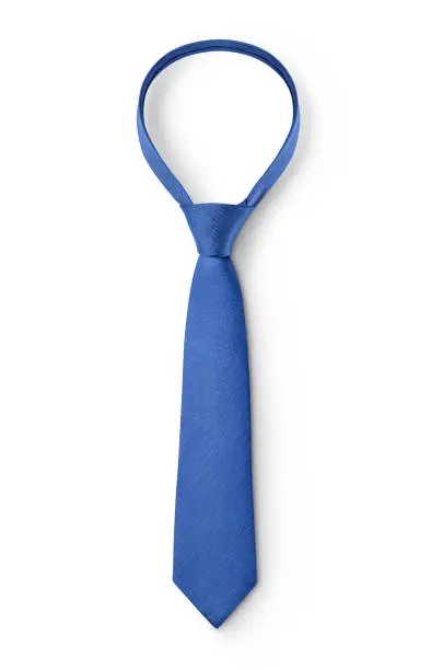 Photo of Blue silk tie on white background