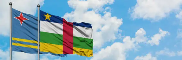 Aruba and Central African Republic flag waving in the wind against white cloudy blue sky together. Diplomacy concept, international relations.
