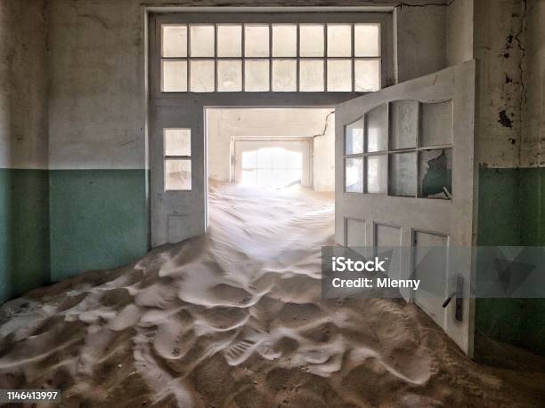 Namibia Ghost Town Abandoned Hospital Corridor Full Of Sand Stock Photo - Download Image Now