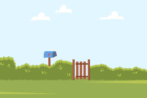 Summer landscape with green bushes fence, wooden side gate and Post box. Home backyard background. Vector illustration Summer landscape with green bushes fence, wooden side gate and Post box. Home backyard background. Vector illustration. backyard background stock illustrations