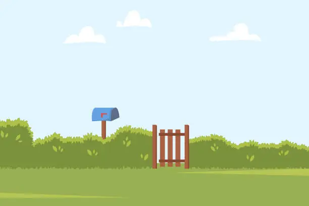 Vector illustration of Summer landscape with green bushes fence, wooden side gate and Post box. Home backyard background. Vector illustration