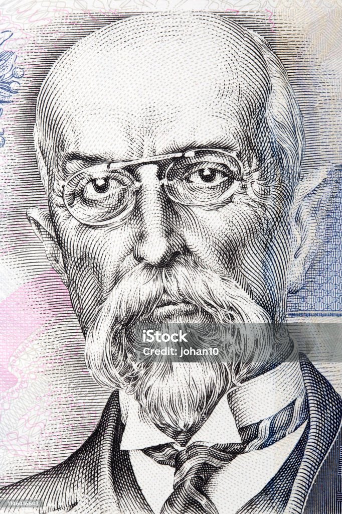 Tomas Garrigue Masaryk has portrait Tomas Garrigue Masaryk portrait from Czech money Close-up Stock Photo