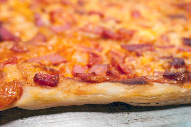 Close up or macro shot of a delicious Quattro Stagioni (or Four Seasons) pizza, containing cheese, eggs, cream cheese, ham, sausage, salami and seasoning.