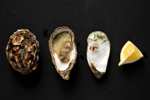 istock Fresh oysters on a black background. Flat lay, from above, overhead. 1146417450