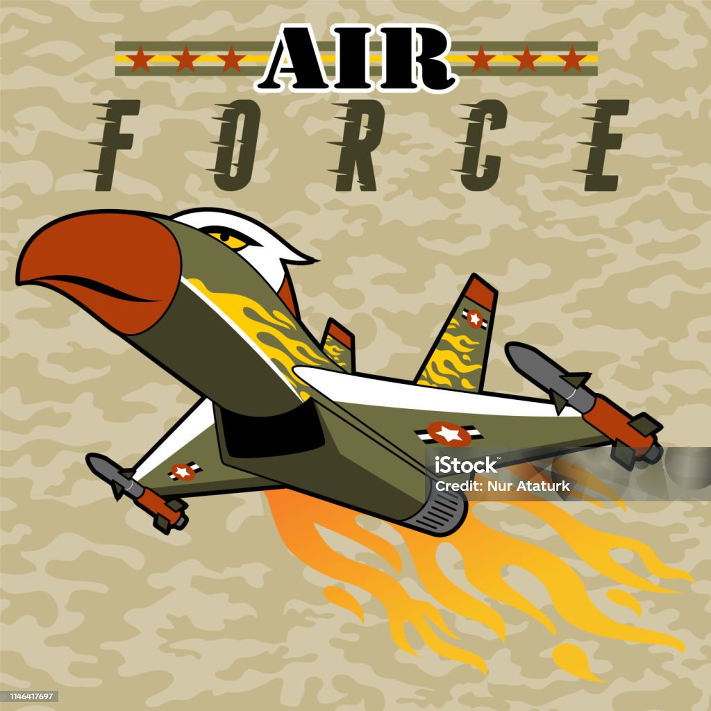 jet with flame on camouflage background, vector cartoon illustration Air Force stock vector