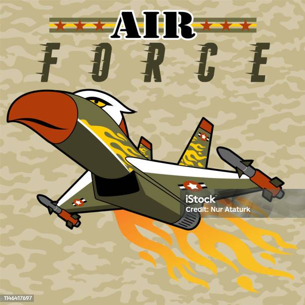 Jet With Flame On Camouflage Background Vector Cartoon Illustration Stock Illustration - Download Image Now
