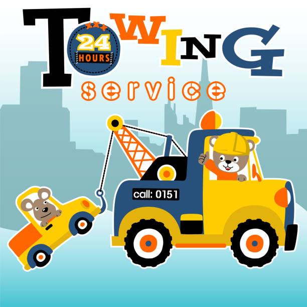 tow truck cartoon towing a little car tow truck cartoon towing a little car ursus tractor stock illustrations