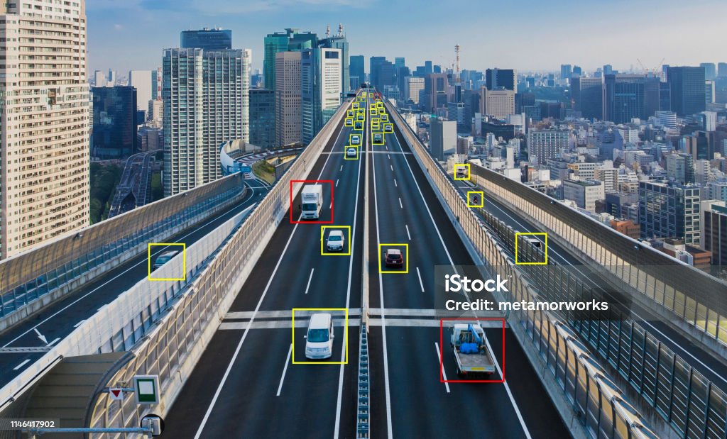 Traffic monitoring system concept. Futuristic transportation. Surveillance Stock Photo
