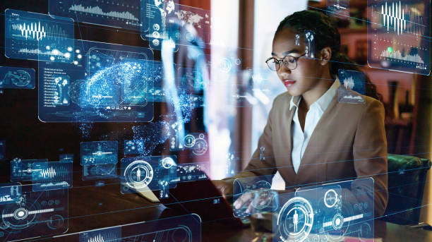 joven concepto de ingeniero femal e. gui (interfaz gráfica de usuario). - women scientist indoors science fotografías e imágenes de stock