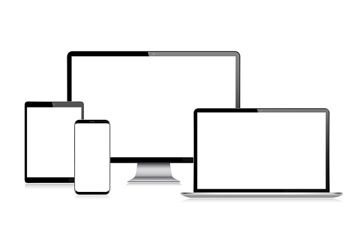 Digital Tablet, Smartphone, Mobile Phone, Computer monitor and Laptop with Blank Screen.Modern Digital Devices Template. Copy Space