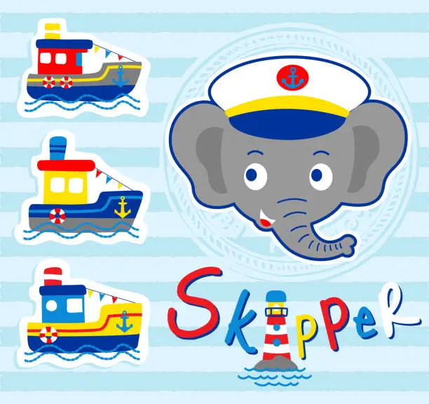 Vector illustration of cartoon of elephant with boats