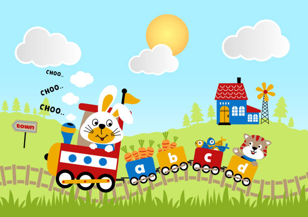 ilustrações de stock, clip art, desenhos animados e ícones de animals cartoon journey with train on landscape background - train steam train sun vector