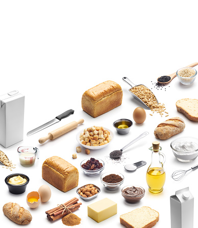 Isometric presentation of baking ingredients over white background