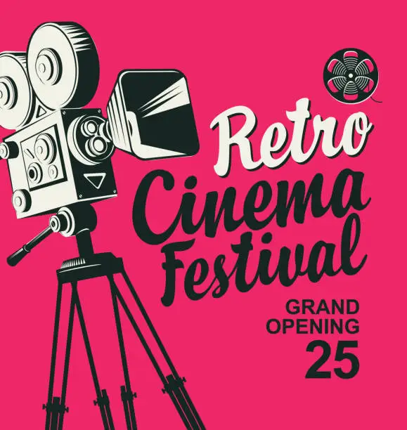 Vector illustration of Retro cinema festival poster with old movie camera