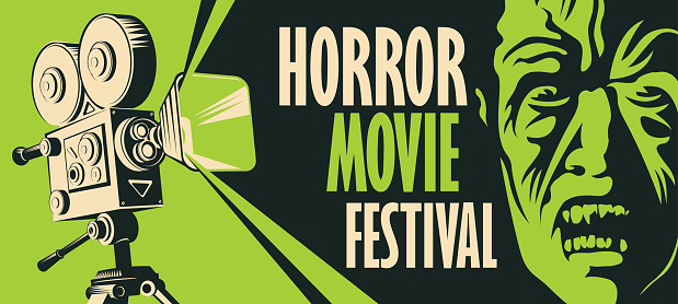 Vector banner for a festival horror movie. Illustration with old film projector and face of a creepy zombie. Scary cinema. Horror film night. Can be used for advertising, flyer, web design, tickets