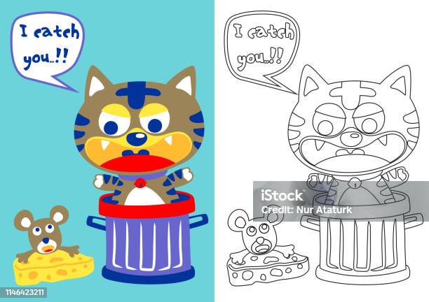 Little Cat Try To Catch A Mice Vector Cartoon Coloring Bookpage Stock Illustration - Download Image Now